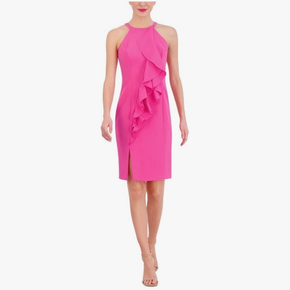 🌟 Vince Camuto Elegant Pink Front Ruffle Dress With Back Zipper Closure
